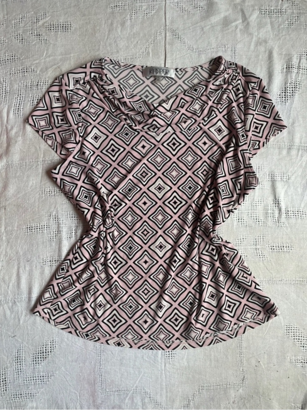 Kasper Pink and Black Geometric Short Sleeve Cowl Neck Blouse